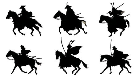 Samurai on Horseback Silhouette Vector Set isolated on plain white background.のイラスト素材