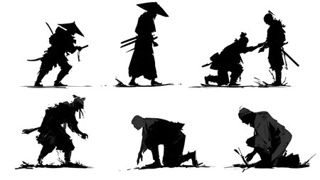 Benevolent Samurai Helping Villager Silhouette Set isolated on plain white background.のイラスト素材