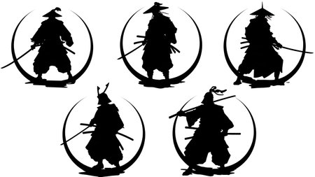 Circular Samurai Emblem Silhouette Collection isolated on plain white background.のイラスト素材