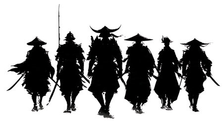 Imposing Low Angle Samurai Silhouette Pack isolated on plain white background.のイラスト素材