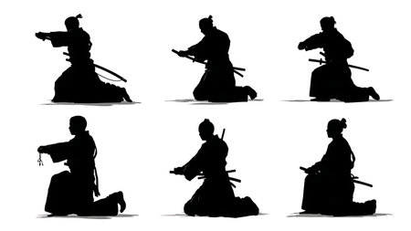Kneeling Iaijutsu Sword Draw Silhouette Set isolated on plain white background.のイラスト素材
