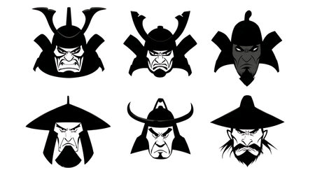 Samurai Face Emotion Silhouette Icon Set isolated on plain white background.のイラスト素材
