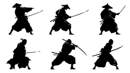 Samurai in High-Level Guard (Jodan-no-kamae) Silhouette Set isolated on plain white background.のイラスト素材