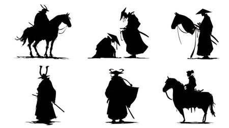 Samurai and Horse Bonding Silhouette Set isolated on plain white background.のイラスト素材