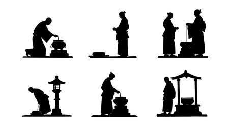 Samurai Praying at Shrine Silhouette Collection isolated on plain white background.のイラスト素材