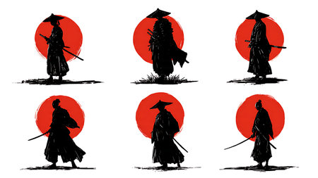 Samurai Silhouette Against Red Sun Vector Set isolated on plain white background.のイラスト素材