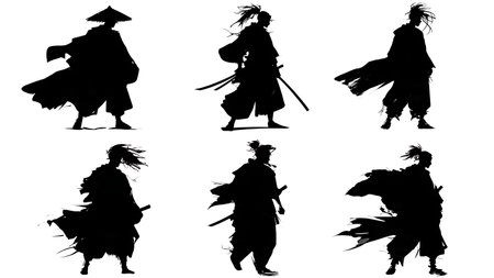Samurai in Strong Wind Dramatic Silhouette Set isolated on plain white background.のイラスト素材