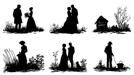 Rustic Countryside Wedding Couple Silhouette Pack isolated on plain white background.のイラスト素材