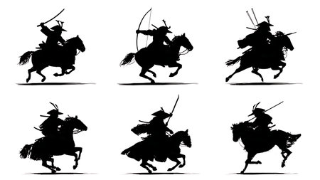 Samurai on Horseback Silhouette Vector Set isolated on plain white background.のイラスト素材