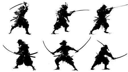 Samurai Sword Draw (Iaijutsu) Silhouette Sequence isolated on plain white background.のイラスト素材