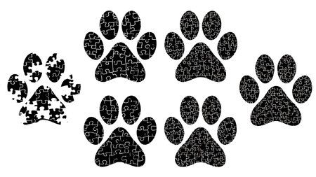 Puzzle Piece Paw Print Silhouette Collection isolated on plain white background.のイラスト素材