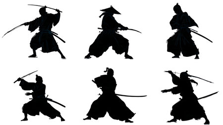 Samurai Sword Draw (Iaijutsu) Silhouette Sequence isolated on plain white background.のイラスト素材