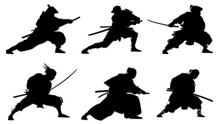 Samurai Low Stance and Attack Silhouette Pack isolated on plain white background.のイラスト素材