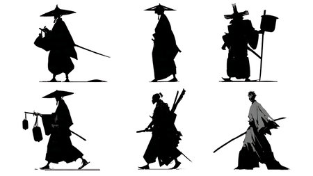 Samurai in Ceremonial Duty Silhouette Set isolated on plain white background.のイラスト素材