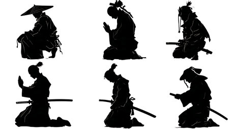 Kneeling and Meditating Samurai Silhouette Vector Pack isolated on plain white background.のイラスト素材