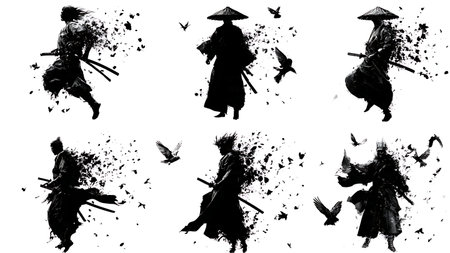 Abstract Dissolving Samurai Silhouette Fantasy Set isolated on plain white background.のイラスト素材