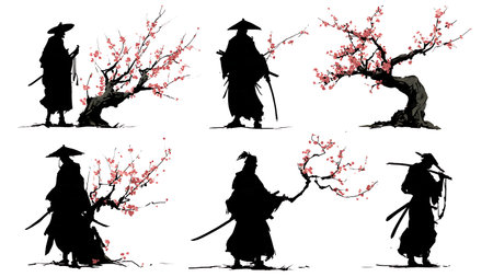 Samurai Under Sakura Tree Silhouette Scene isolated on plain white background.のイラスト素材