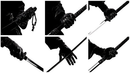 Samurai Katana Grip and Hand Position Silhouette Icons isolated on plain white background.のイラスト素材