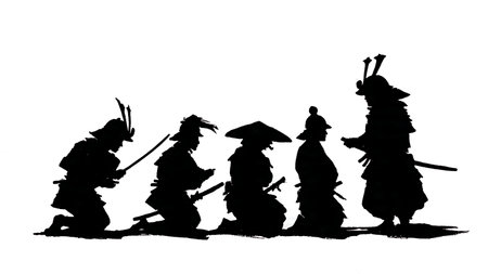 Samurai Receiving Orders from Shogun Silhouette Set isolated on plain white background.のイラスト素材