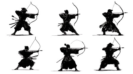 Samurai Archer with Yumi Bow Silhouette Vector Set isolated on plain white background.のイラスト素材