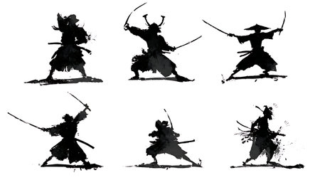 Samurai Victory Pose Silhouette Collection isolated on plain white background.のイラスト素材