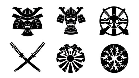 Samurai Clan Mon (Crest) Silhouette Icon Set isolated on plain white background.のイラスト素材