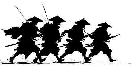 Tactical Samurai Squad Stealth Formation Silhouettes isolated on plain white background.のイラスト素材