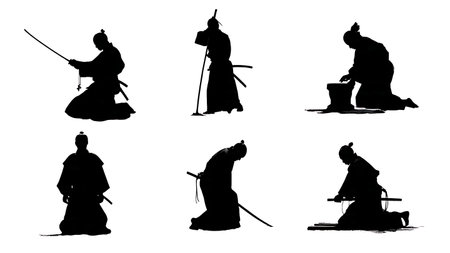 Samurai Seppuku Ritual Silhouette Collection isolated on plain white background.のイラスト素材