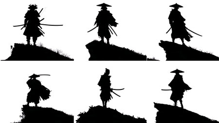 Samurai on Mountaintop Overlooking Silhouette Scene isolated on plain white background.のイラスト素材