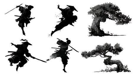 Samurai Acrobatic Environment Attack Silhouette Set isolated on plain white background.のイラスト素材