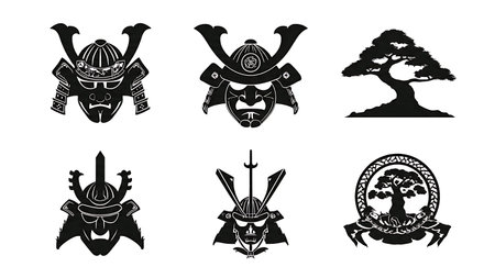 Samurai Clan Mon (Crest) Silhouette Icon Set isolated on plain white background.のイラスト素材