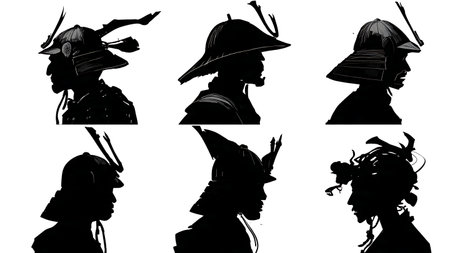 Samurai Profile Bust and Helmet Silhouette Icons isolated on plain white background.のイラスト素材