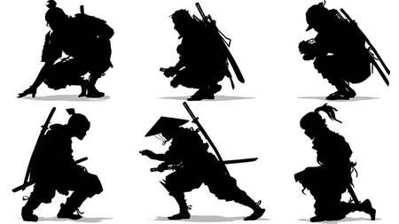 Crouching and Stealthy Samurai Silhouette Set isolated on plain white background.のイラスト素材