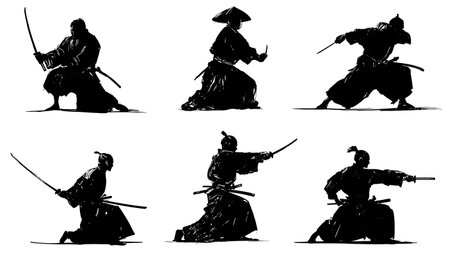 Kneeling Iaijutsu Sword Draw Silhouette Set isolated on plain white background.のイラスト素材