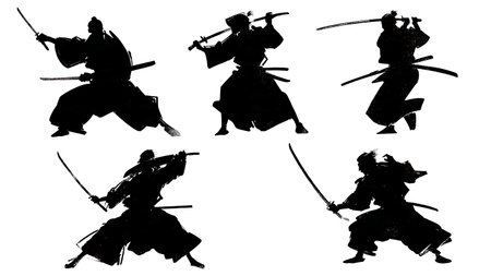 Samurai Overhead Sword Strike Silhouette Set isolated on plain white background.のイラスト素材