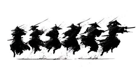Samurai Spinning Slash Attack Silhouette Pack isolated on plain white background.のイラスト素材