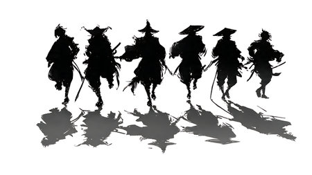 Samurai Shadow Silhouette Effect Vector Set isolated on plain white background.のイラスト素材