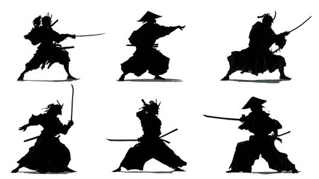 Samurai Challenging an Opponent Silhouette Pack isolated on plain white background.のイラスト素材