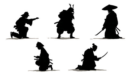 Samurai Receiving Orders from Shogun Silhouette Set isolated on plain white background.のイラスト素材