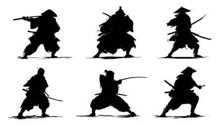 Samurai Low Stance and Attack Silhouette Pack isolated on plain white background.のイラスト素材