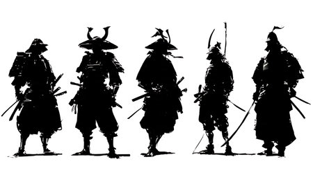 Armored Samurai Warrior Silhouette Collection isolated on plain white background.のイラスト素材