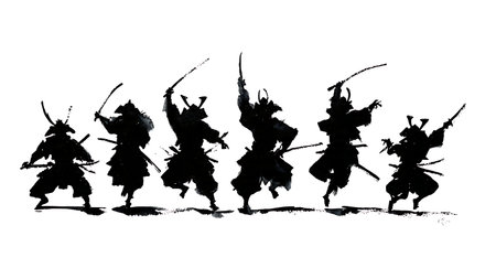 Samurai Victory Pose Silhouette Collection isolated on plain white background.のイラスト素材