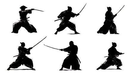 Samurai Sword Training Drills (Suburi) Silhouette Set isolated on plain white background.のイラスト素材