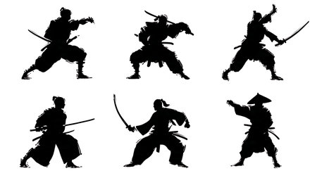 Defensive Samurai Blocking Pose Silhouette Pack isolated on plain white background.のイラスト素材