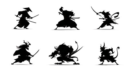 Samurai vs. Mythical Monster Silhouette Battle Set isolated on plain white background.のイラスト素材