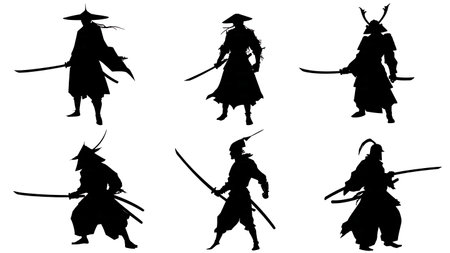 Samurai Warrior Standing Pose Silhouette Collection isolated on plain white background.のイラスト素材