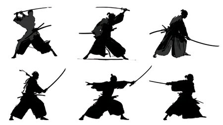 Samurai Single-Handed Sword Strike Silhouette Set isolated on plain white background.のイラスト素材