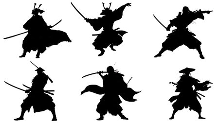 Samurai Victory Pose Silhouette Collection isolated on plain white background.のイラスト素材