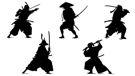 Samurai Sword Training Drills (Suburi) Silhouette Set isolated on plain white background.のイラスト素材