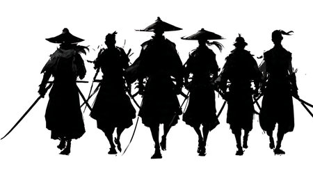 Imposing Low Angle Samurai Silhouette Pack isolated on plain white background.のイラスト素材